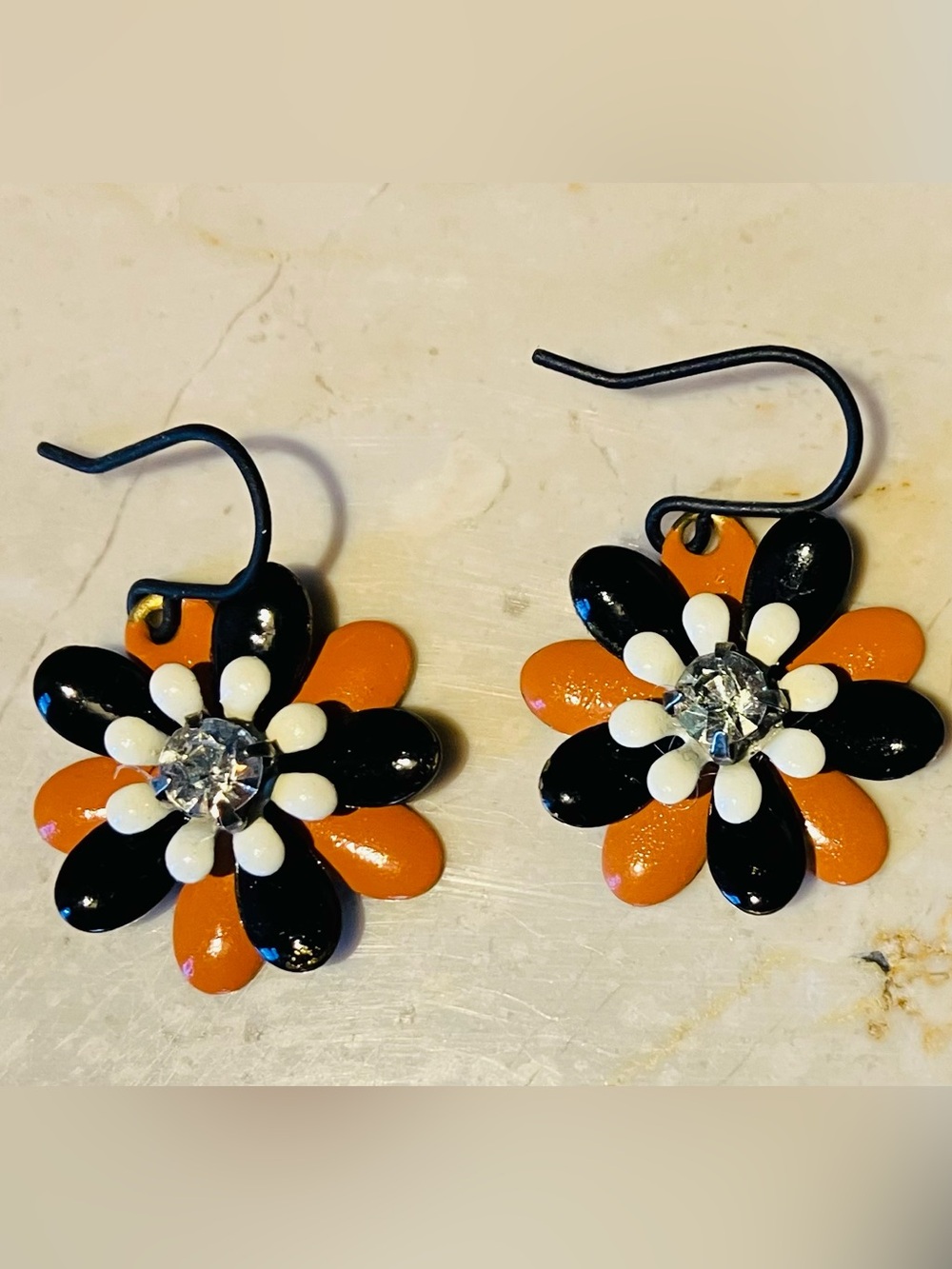 Halloween Flower Earrings Black and Orange with Rhinestones